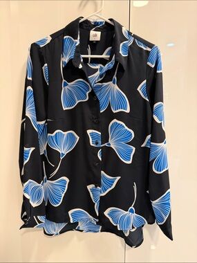Cabi Regal Floral Long Sleeve Blouse Navy Blue Shirt Size small